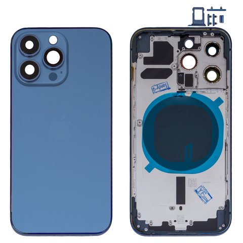 Housing compatible with iPhone 13 Pro, dark blue, with SIM card holders, with side buttons, sierra blue