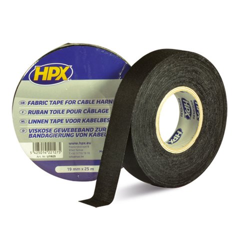 Стрічка ізоляційна тканинна HPX 19 мм, 25 м, чорна картонна упаковка 